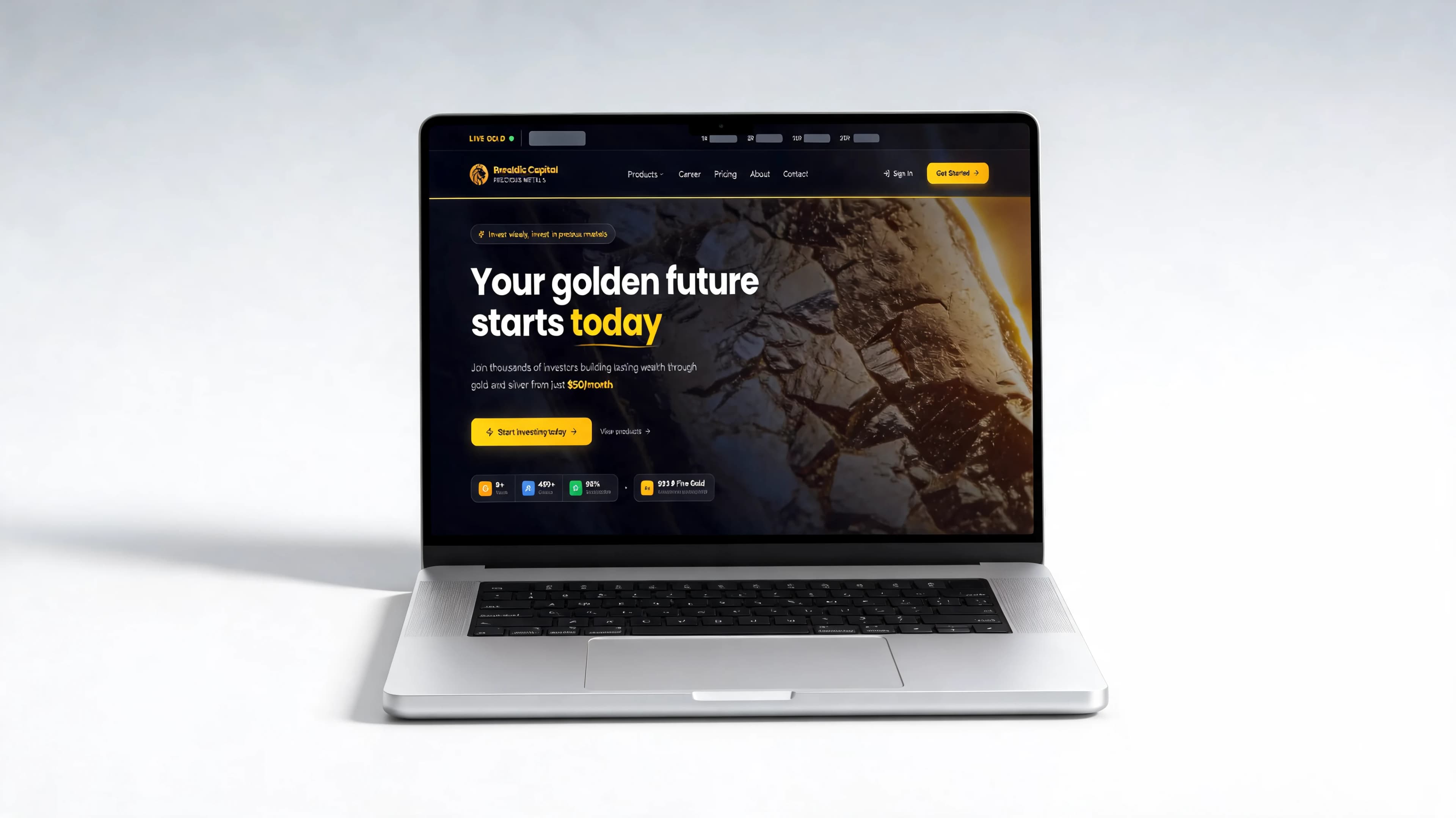 Heraldic Capital landing — investičná platforma pre drahé kovy s gold accent typography 'Your golden future starts today' na laptope, light editorial mockup