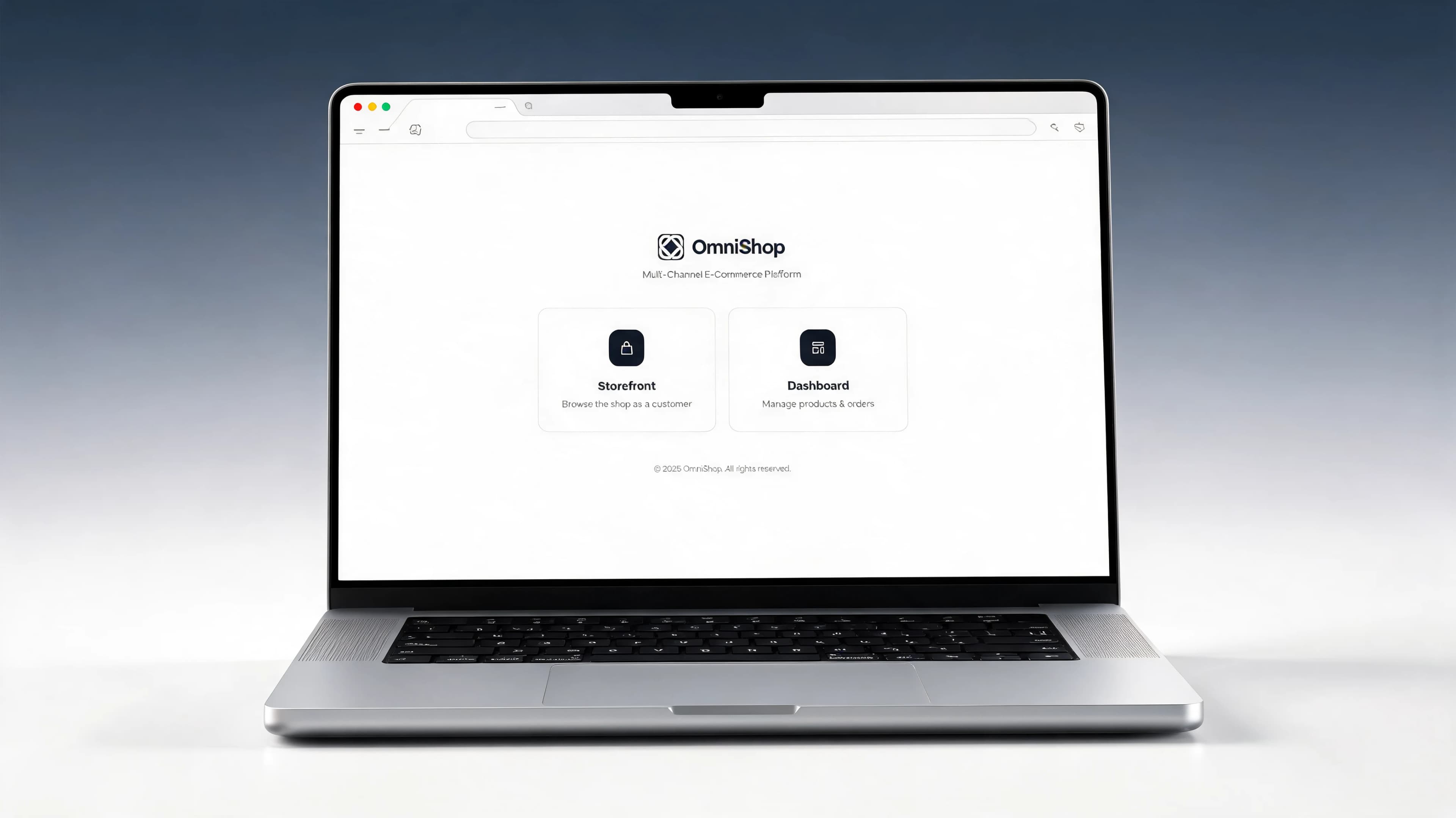 OmniShop landing — multi-channel e-commerce platforma s logom a dvoma akčnými kartami (Storefront, Dashboard) na laptope, light editorial mockup