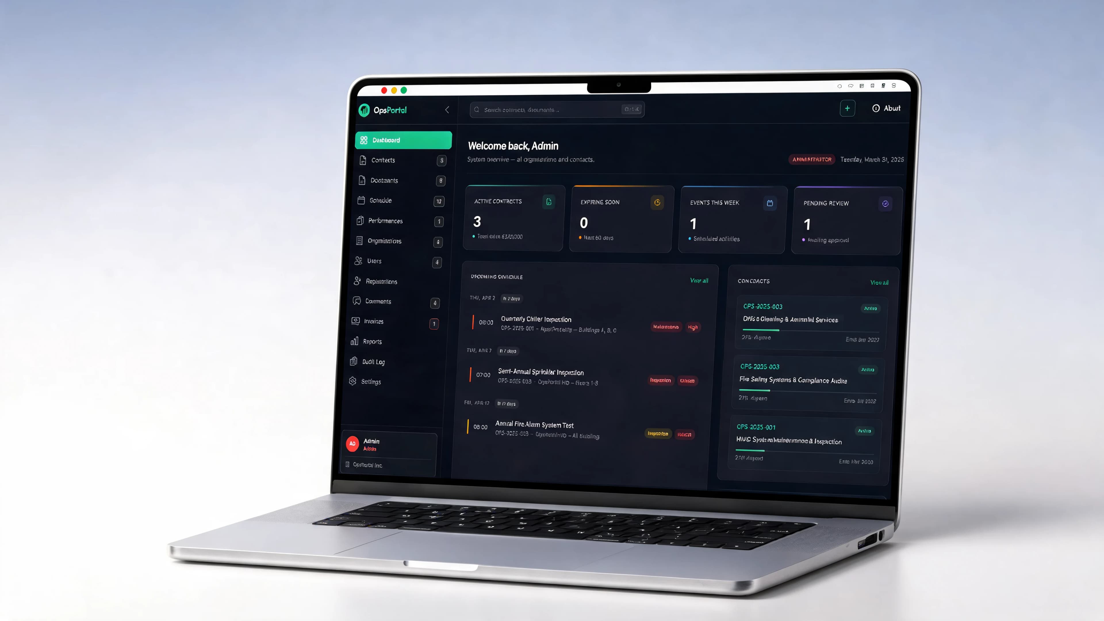 OpsPortal facility management dashboard — dark navy UI s ľavým sidebarom, štyrmi KPI kartami a timeline-om plánov na laptope, light editorial mockup