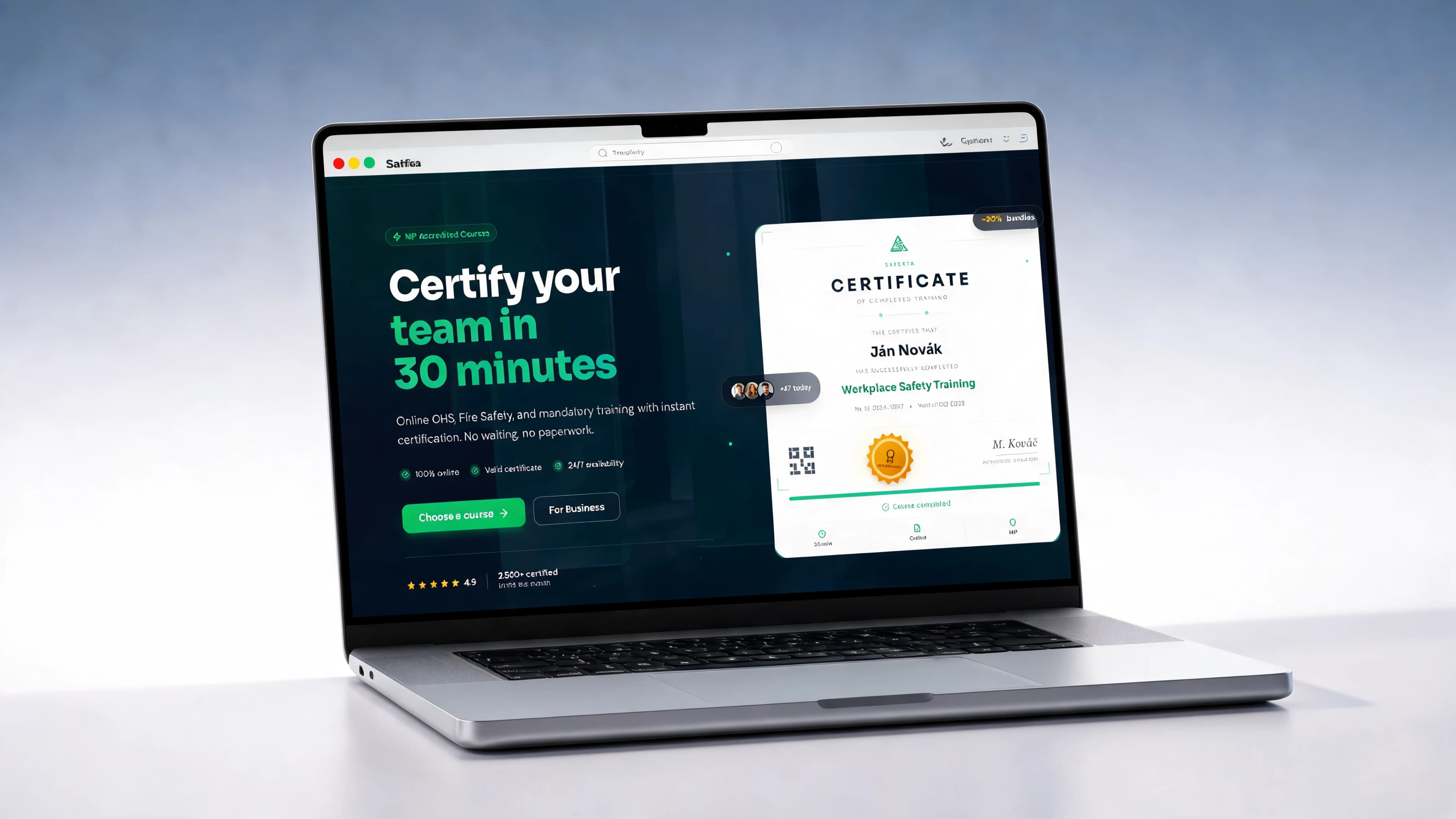 Saferta landing — workplace safety training s headline 'Certify your team in 30 minutes' a certificate preview kartou na laptope, light editorial mockup