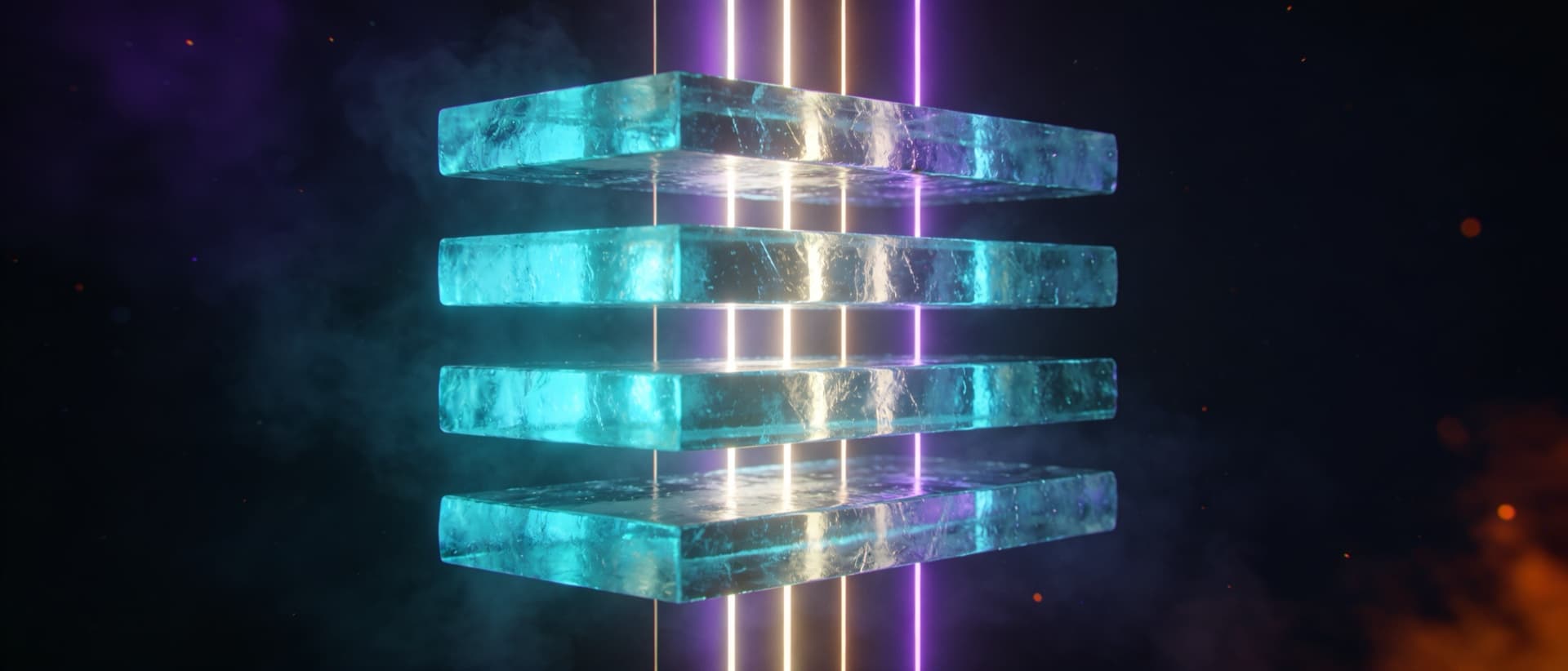 Platforma Unoneto — translucentné vrstvy stacku, vertikálne svetelné lúče