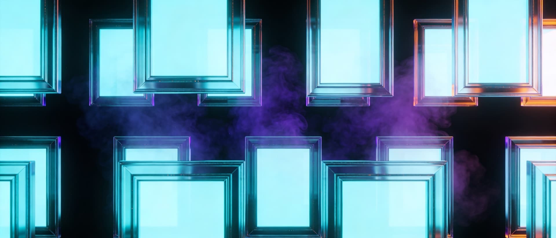 Referencie — prázdne tyrkysovo svetielkujúce rámčeky v editorial mriežke v hlbokom void