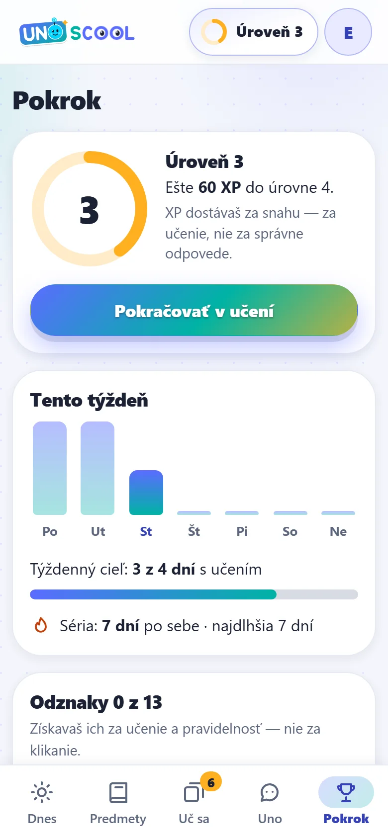 Pokrok: úroveň, týždeň a séria