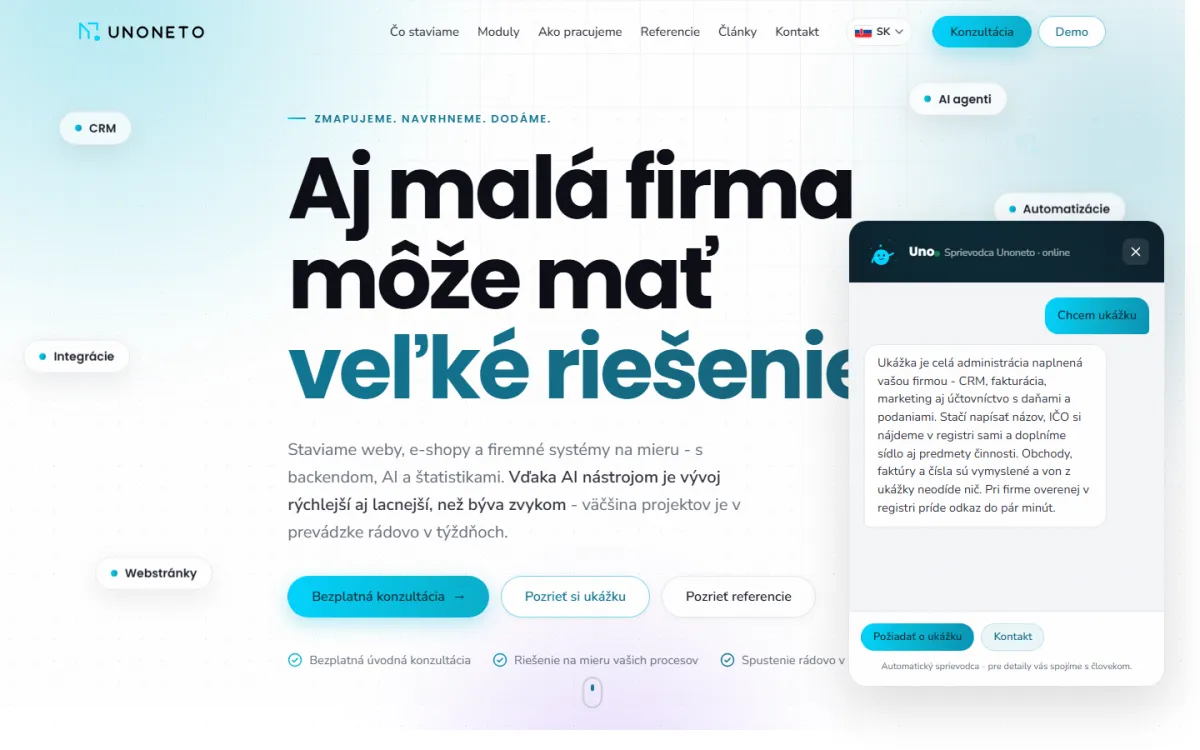 Asistent Uno odpovedá z reálneho obsahu webu - ceny a podmienky si neberie z hlavy.