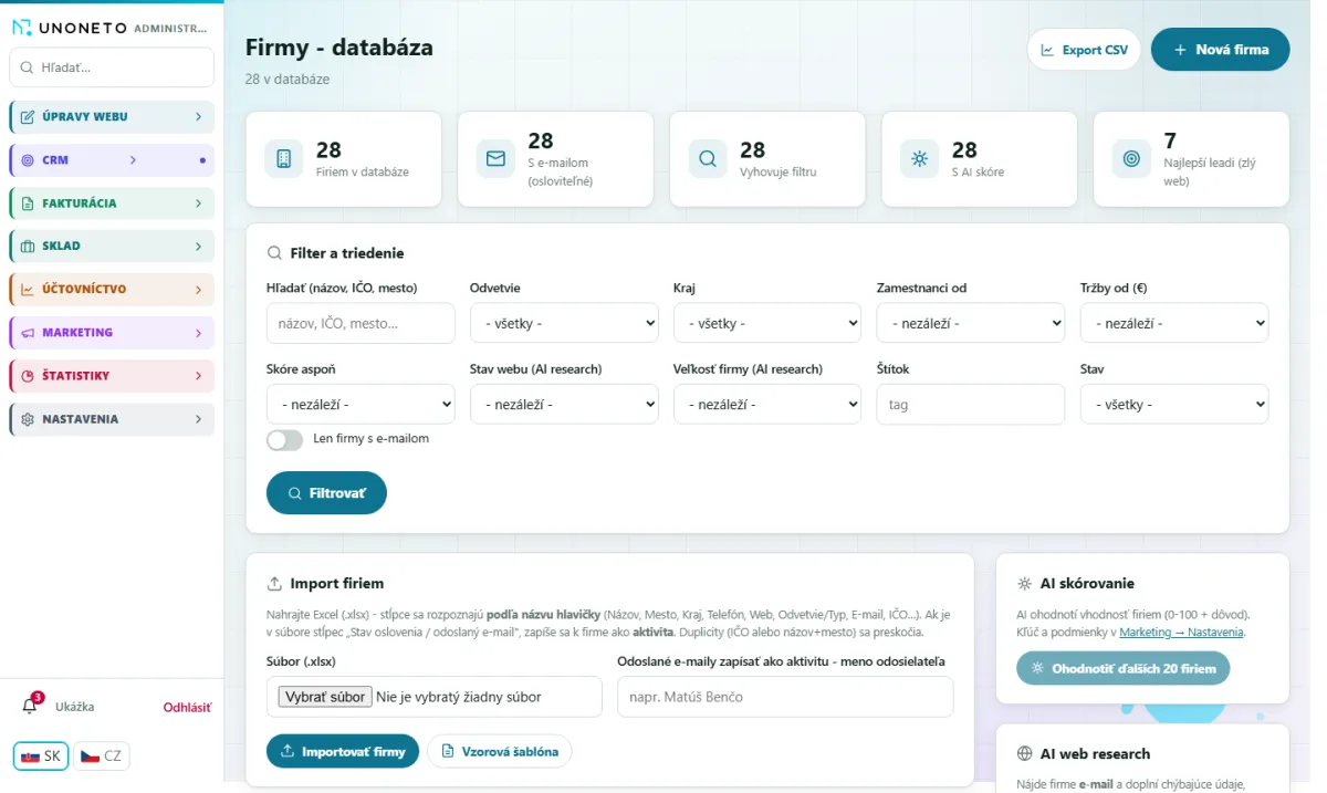 Databáza firiem s filtrami, importom zo súboru a dohľadávaním kontaktov.