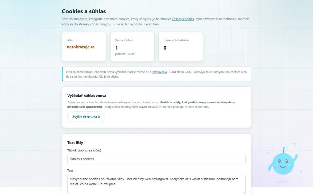 Register cookies a nastavenie lišty - bez programátora.