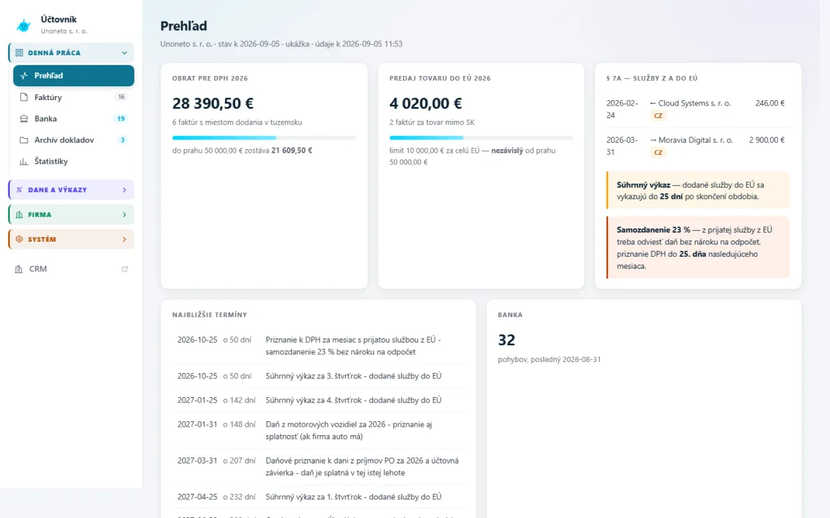 Priebežne počítaná daň, obrat pre DPH a register podaní s termínmi.