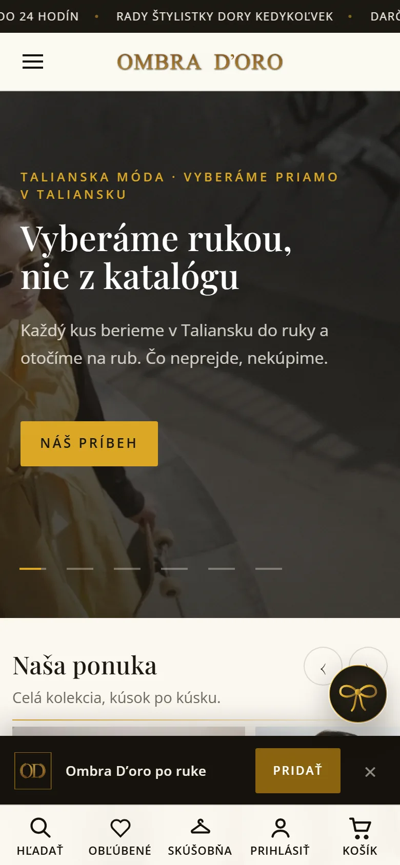E-shop Ombra D'oro na mobile - dole ponuka pridať si obchod na plochu telefónu